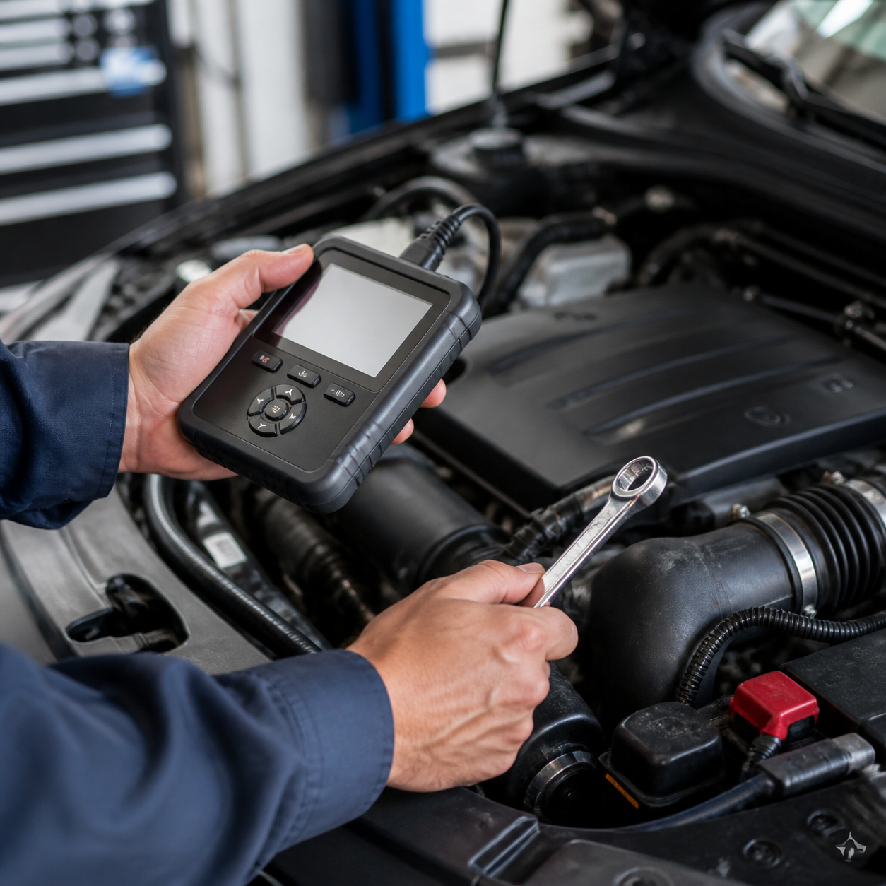 Mechanic using diagnostics tools at an engine bay