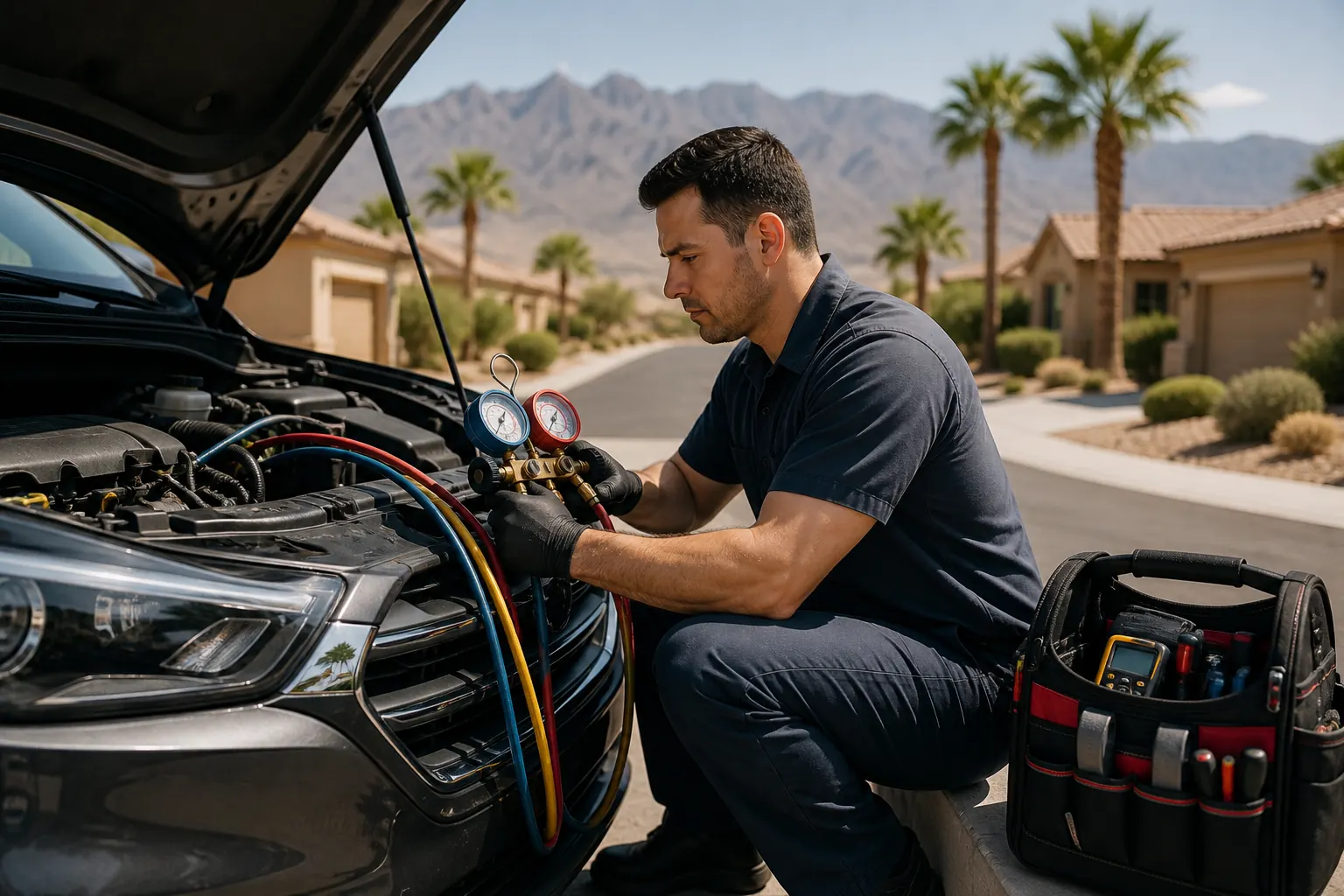 Mobile mechanic diagnosing car air conditioning in Las Vegas
